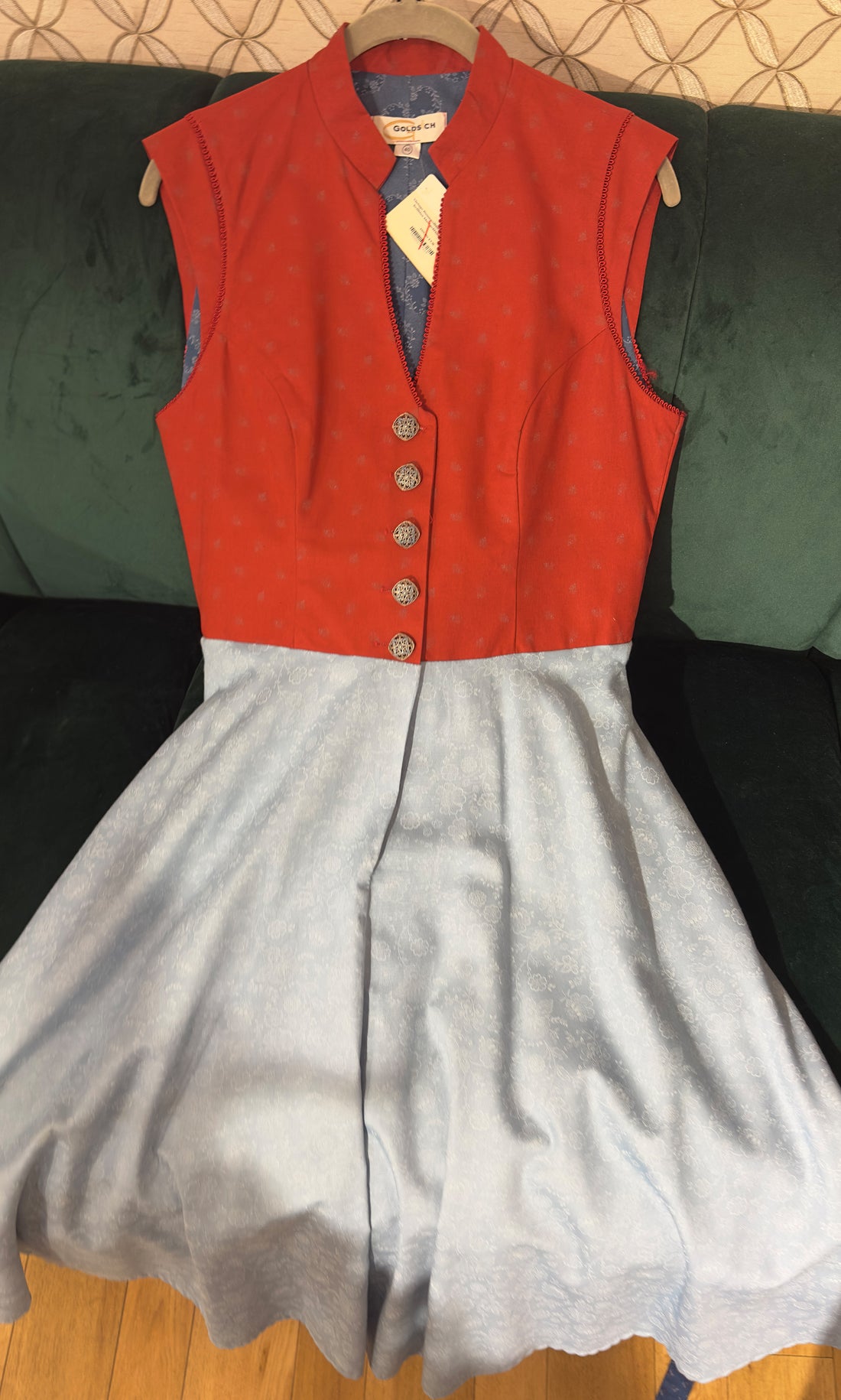 Vintage Baumwolldirndl Goldstich rost/hellblau/blau 65cm