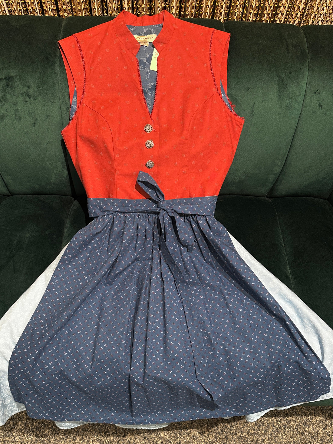 Vintage Baumwolldirndl Goldstich rost/hellblau/blau 65cm