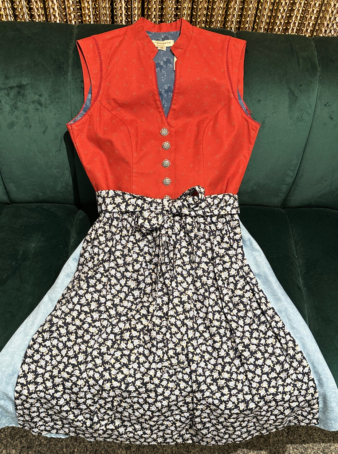 Vintage Baumwolldirndl Goldstich rost/hellblau/blau Schürze geblümt 65cm