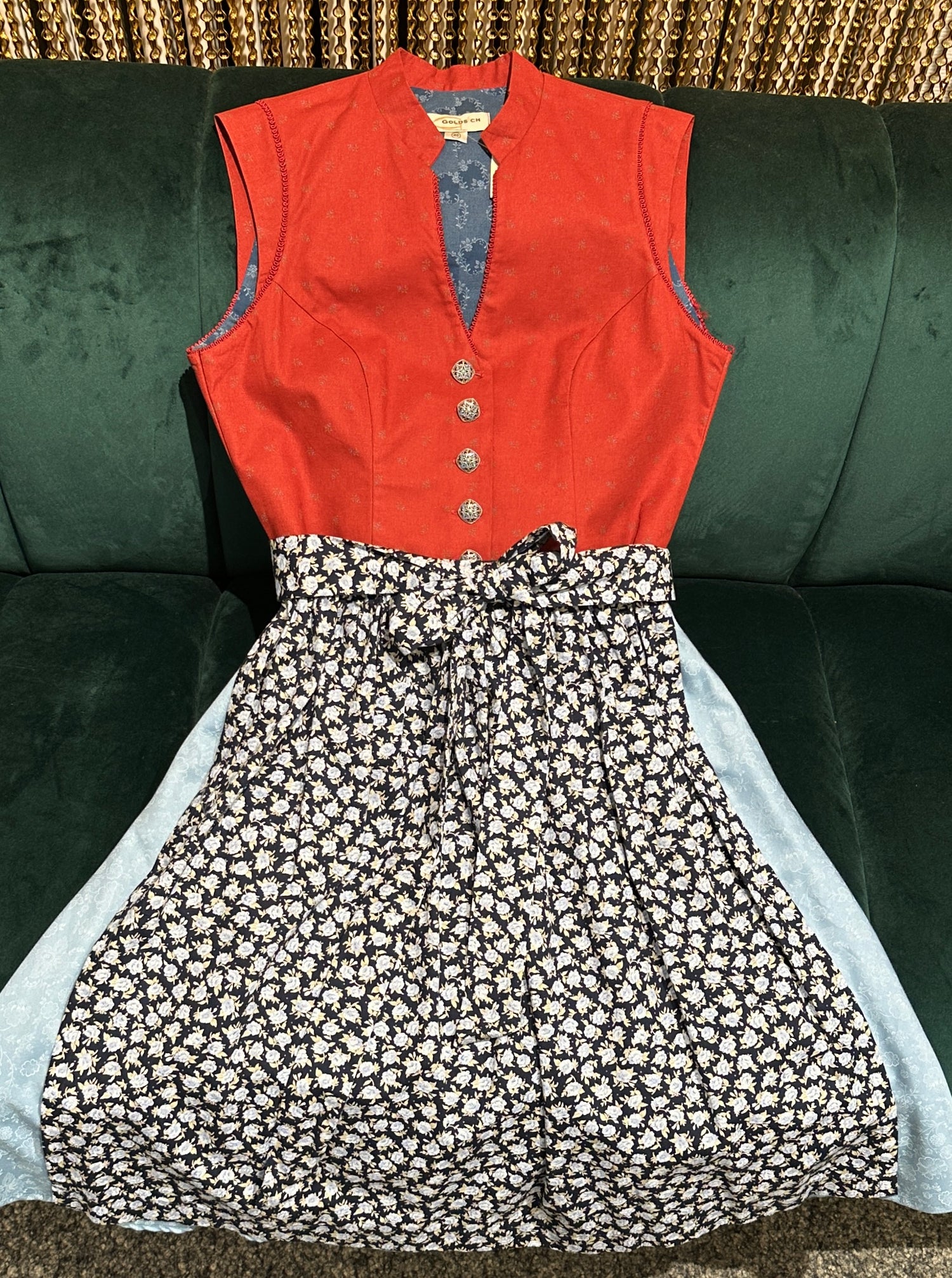 Vintage Baumwolldirndl Goldstich rost/hellblau/blau Schürze geblümt 65cm