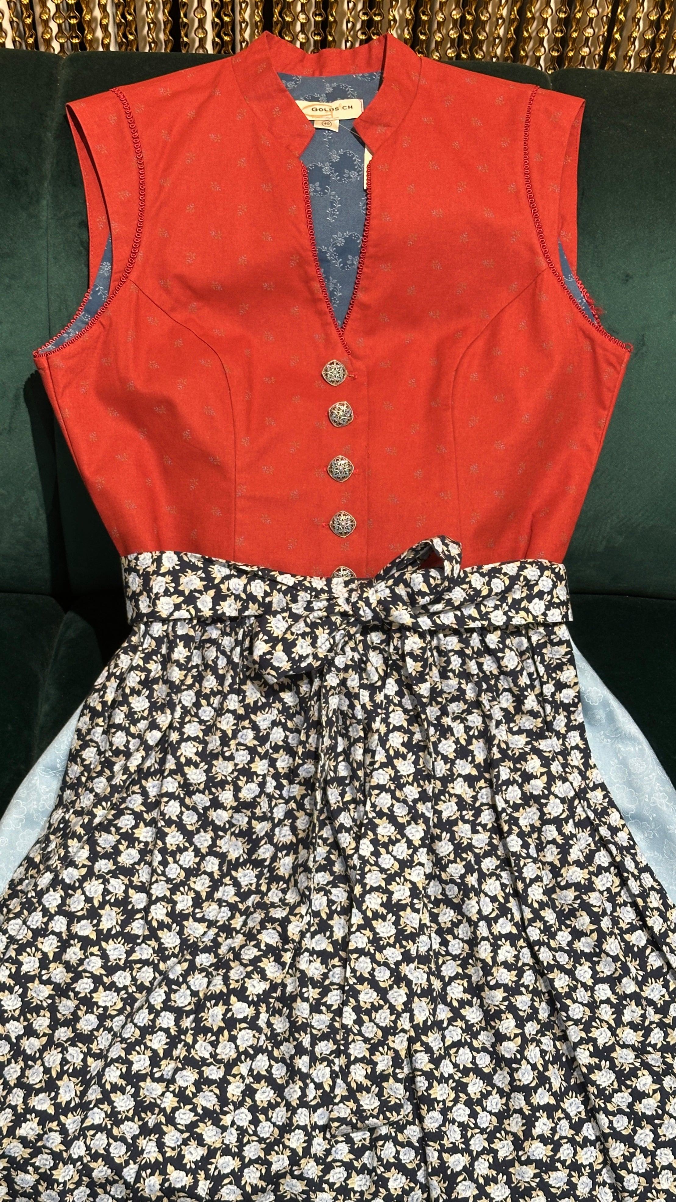 Vintage Baumwolldirndl Goldstich rost/hellblau/blau Schürze geblümt 65cm