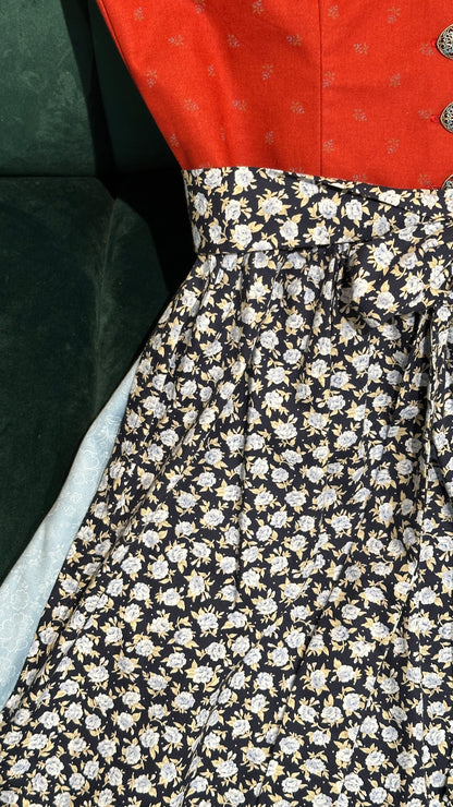 Vintage Baumwolldirndl Goldstich rost/hellblau/blau Schürze geblümt 65cm