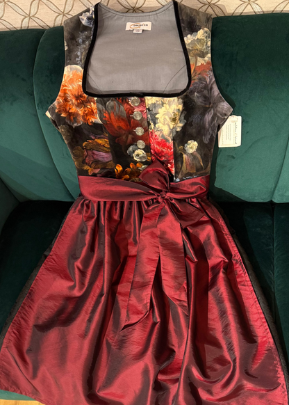 Dirndl Goldstich Samt Blumen schwarz/bordeaux 63cm