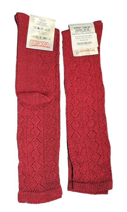 Damen Kniestrümpfe Lusana Ajourmuster dunkelrot