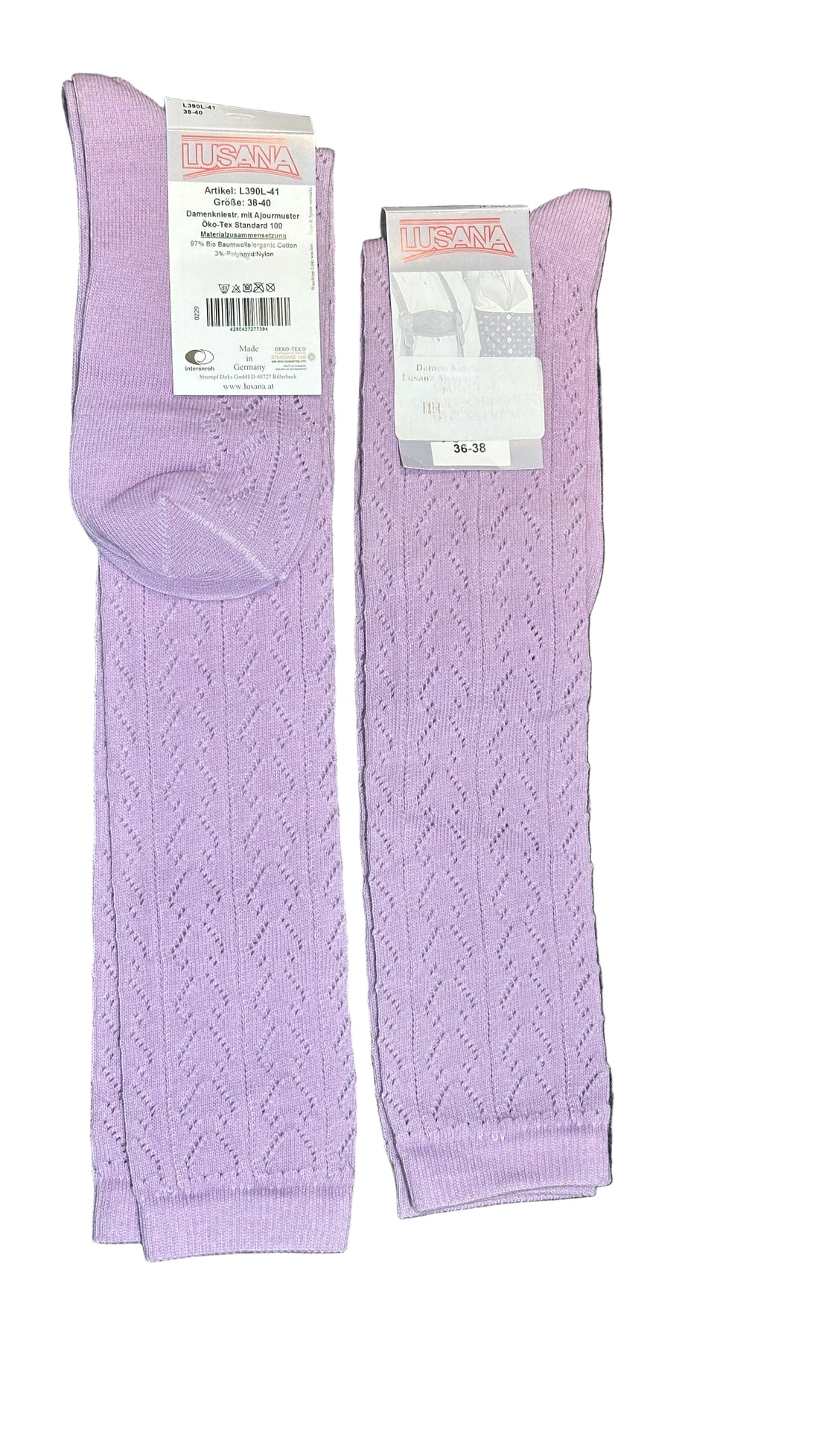 Damen Kniestrümpfe Lusana Ajourmuster Flieder