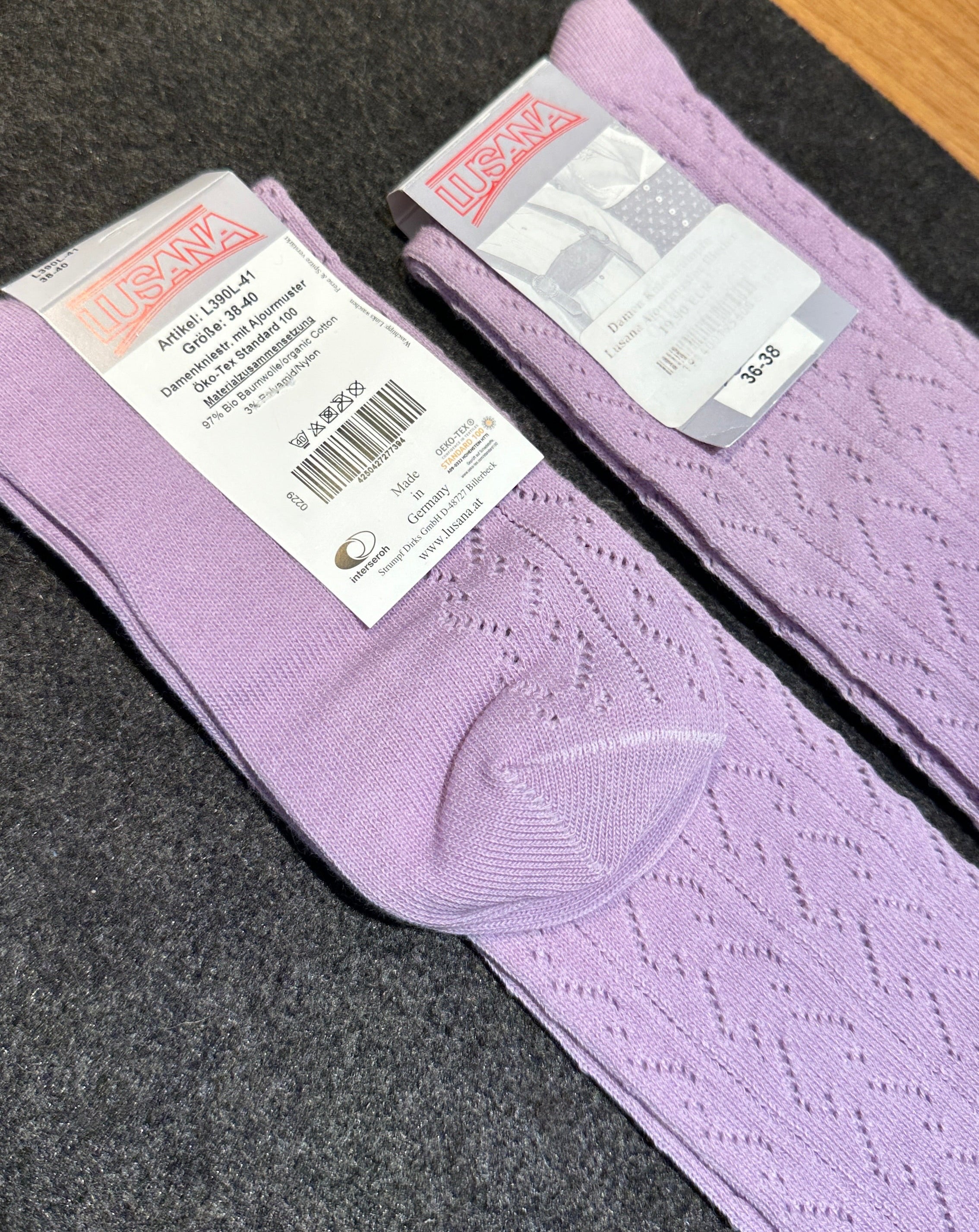 Damen Kniestrümpfe Lusana Ajourmuster Flieder