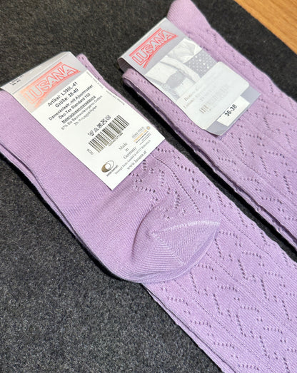 Damen Kniestrümpfe Lusana Ajourmuster Flieder