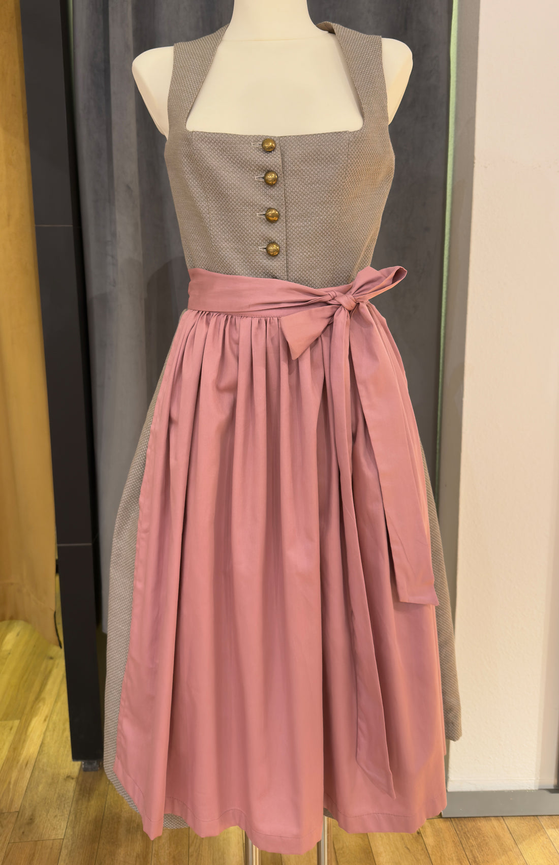 Dirndl Goldstich braun/grau mit rosa Schürze 75cm