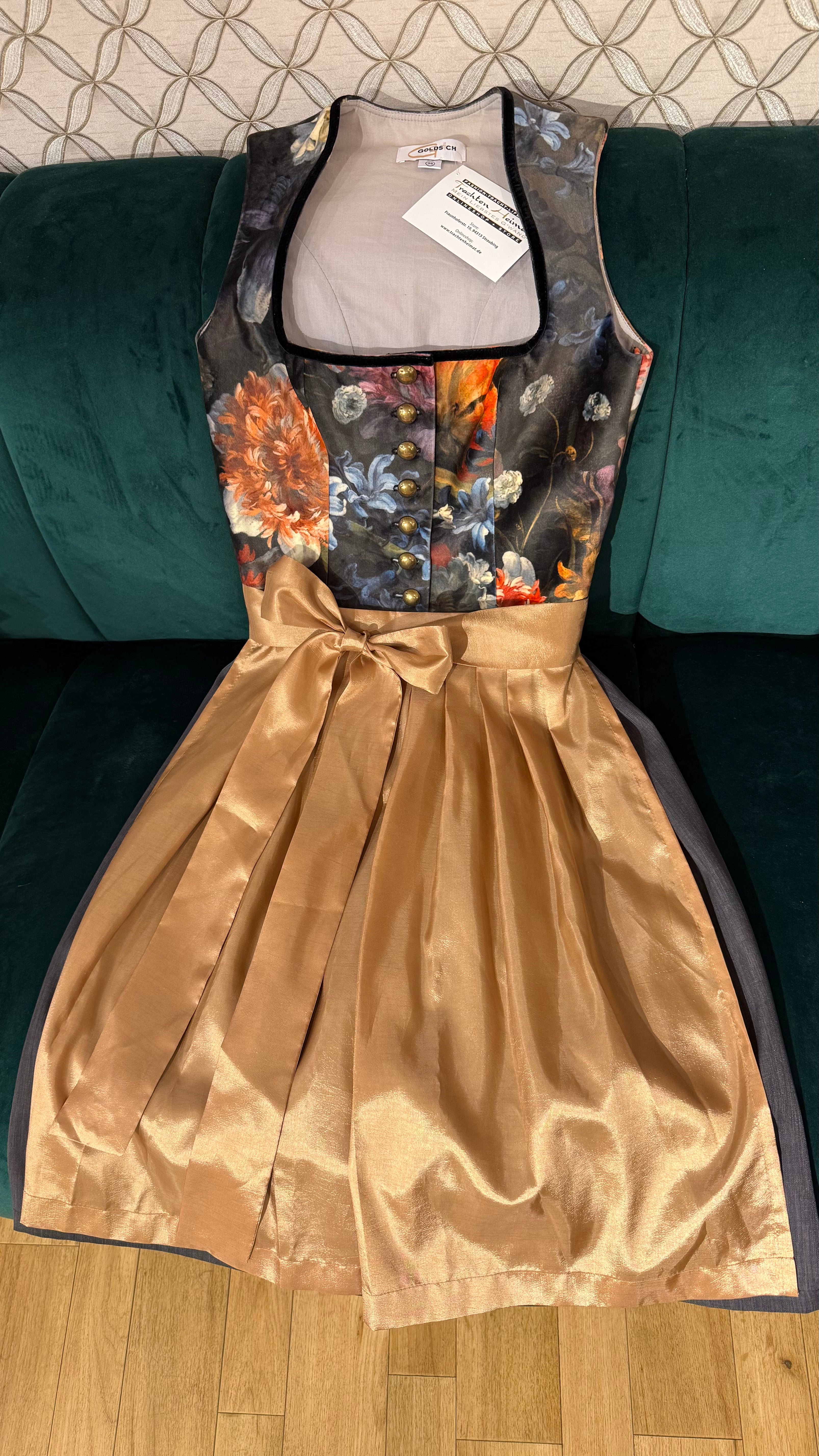Dirndl Goldstich Samt Blumen schwarz/grau/gold 65cm