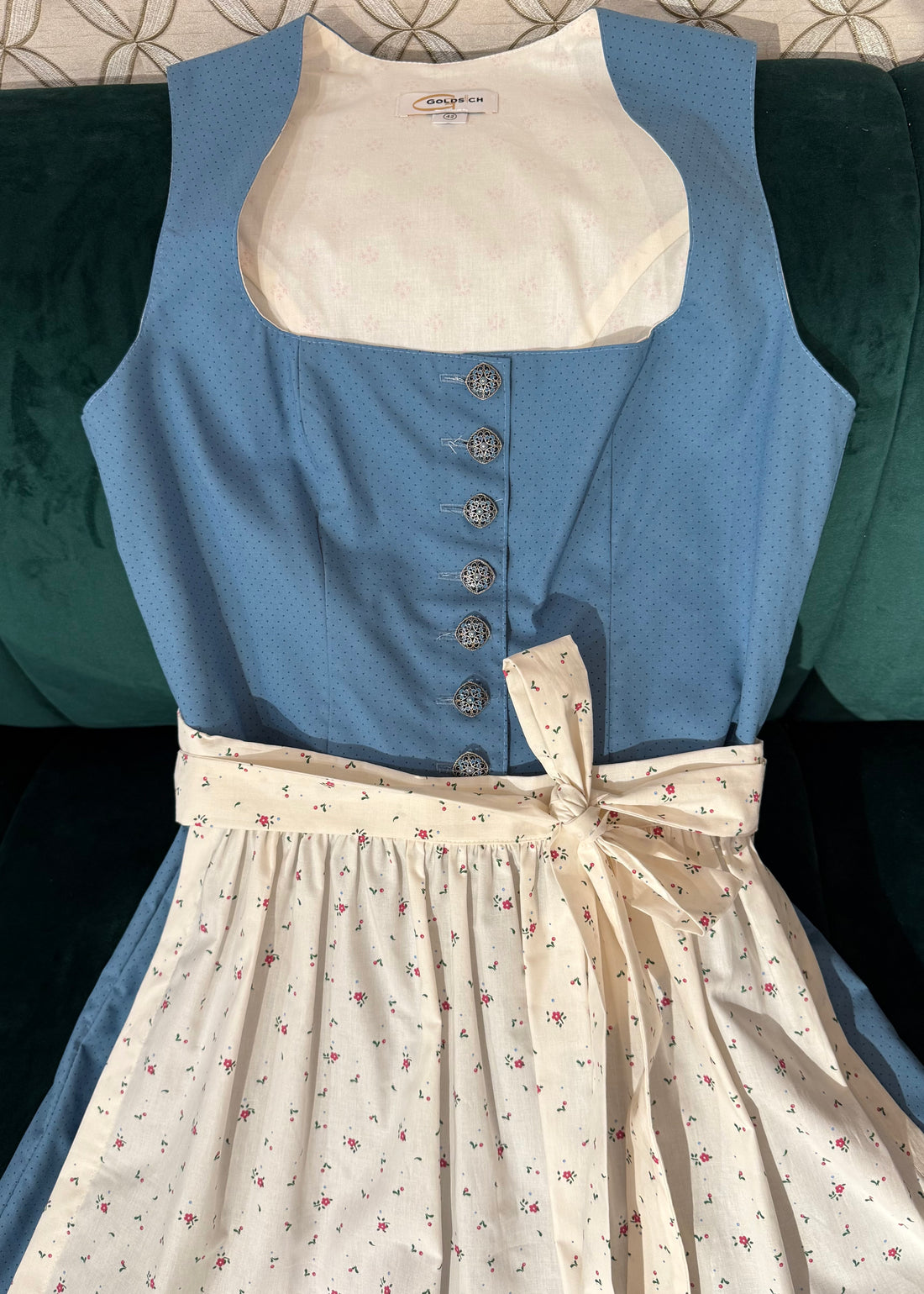 Baumwolldirndl Goldstich blau/creme 65cm