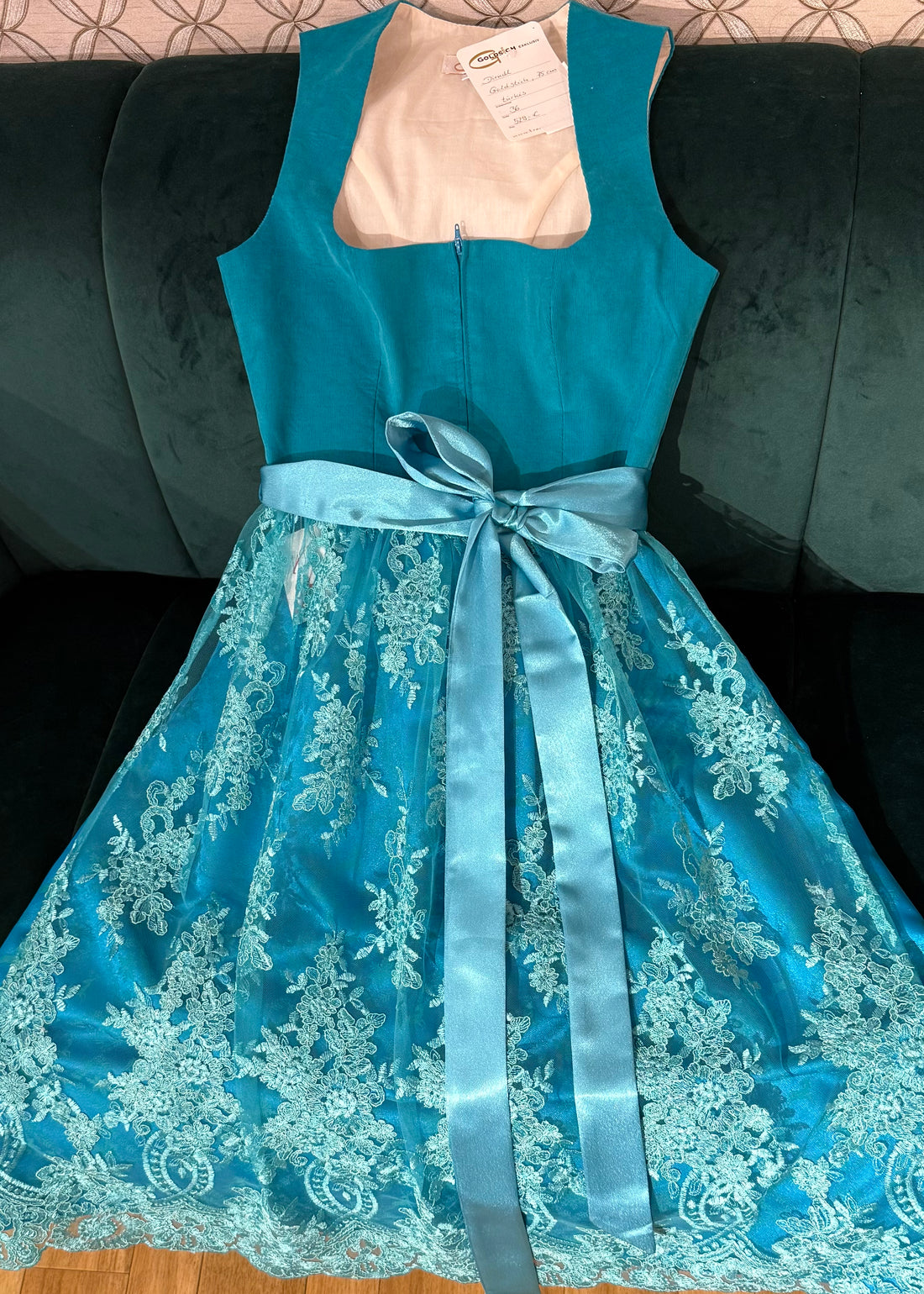 Corddirndl Goldstich Türkis mit Spitzen Schürze 75cm