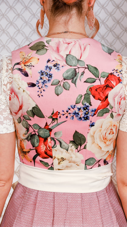 Samtdirndl Goldstich Blumen Rosa 75cm