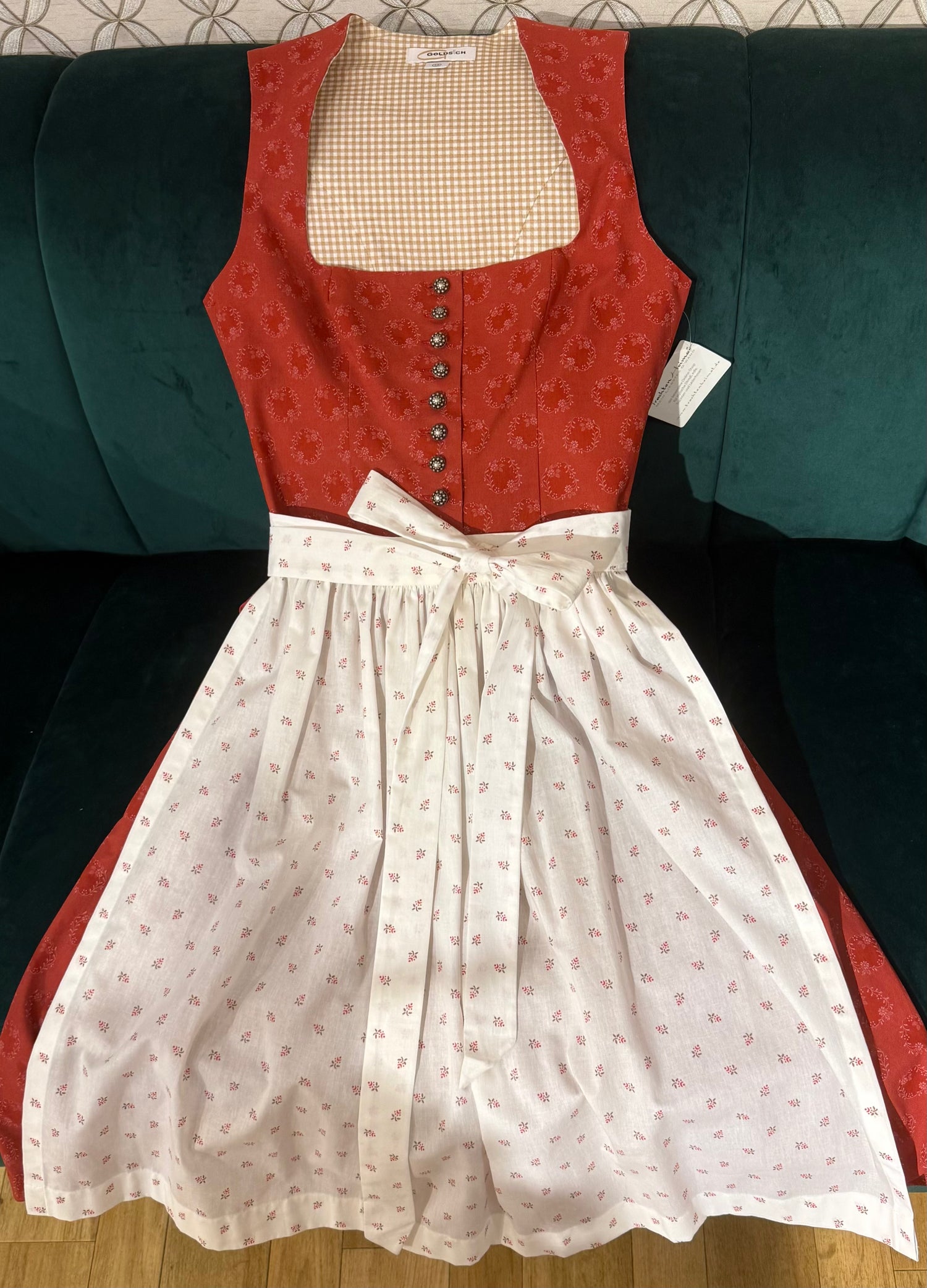 Baumwolldirndl Goldstich orange/weiß  65cm