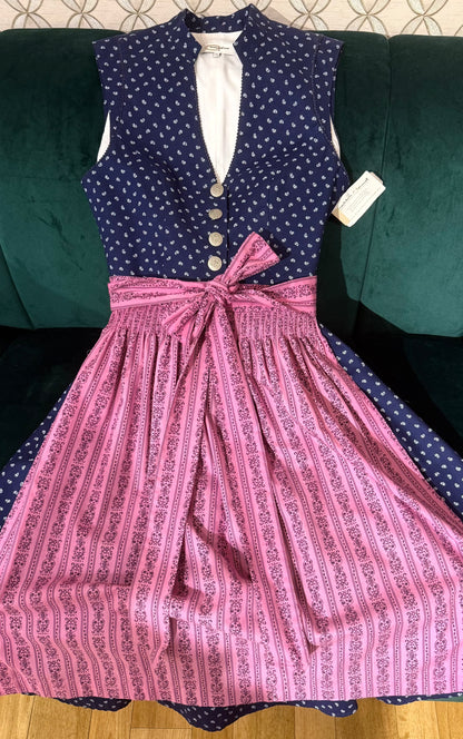 Vintage Baumwolldirndl Goldstich dunkelblau/pink 65cm