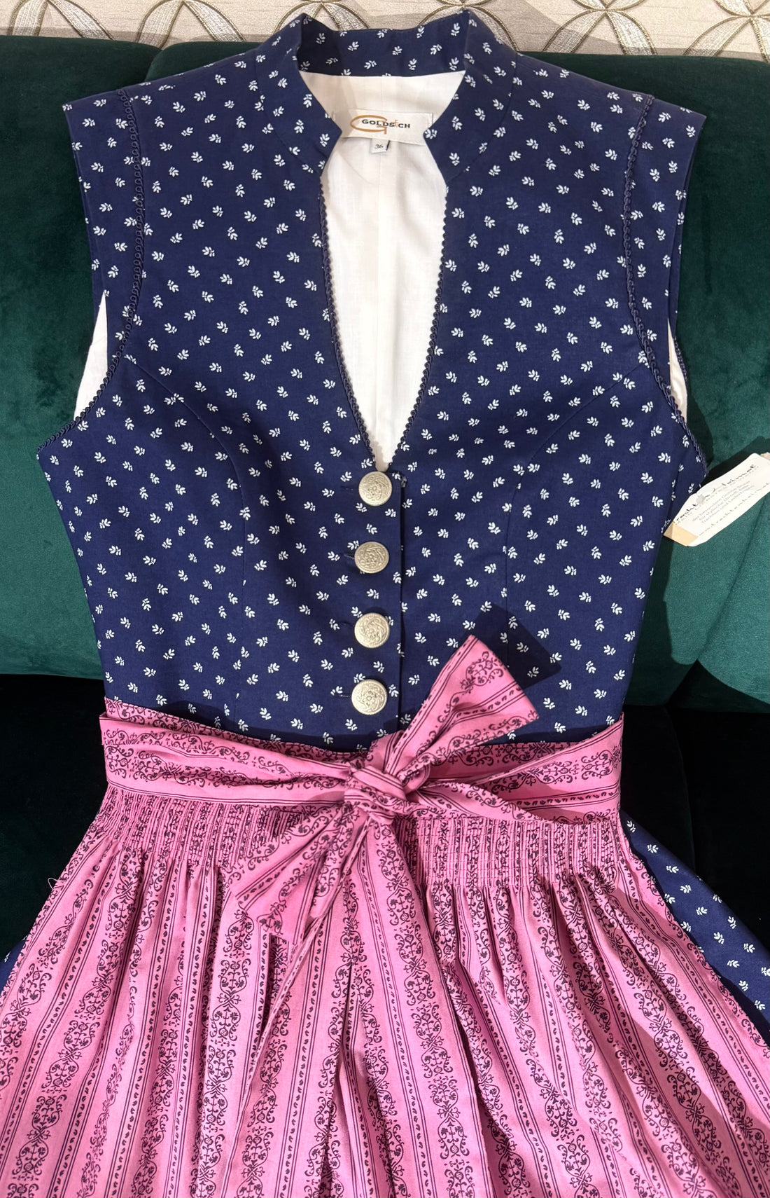 Vintage Baumwolldirndl Goldstich dunkelblau/pink 65cm