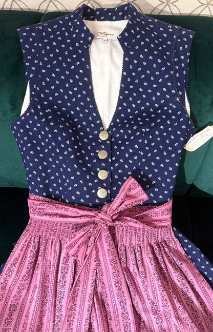 Vintage Baumwolldirndl Goldstich dunkelblau/pink 65cm