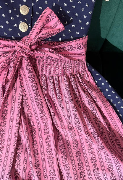 Vintage Baumwolldirndl Goldstich dunkelblau/pink 65cm