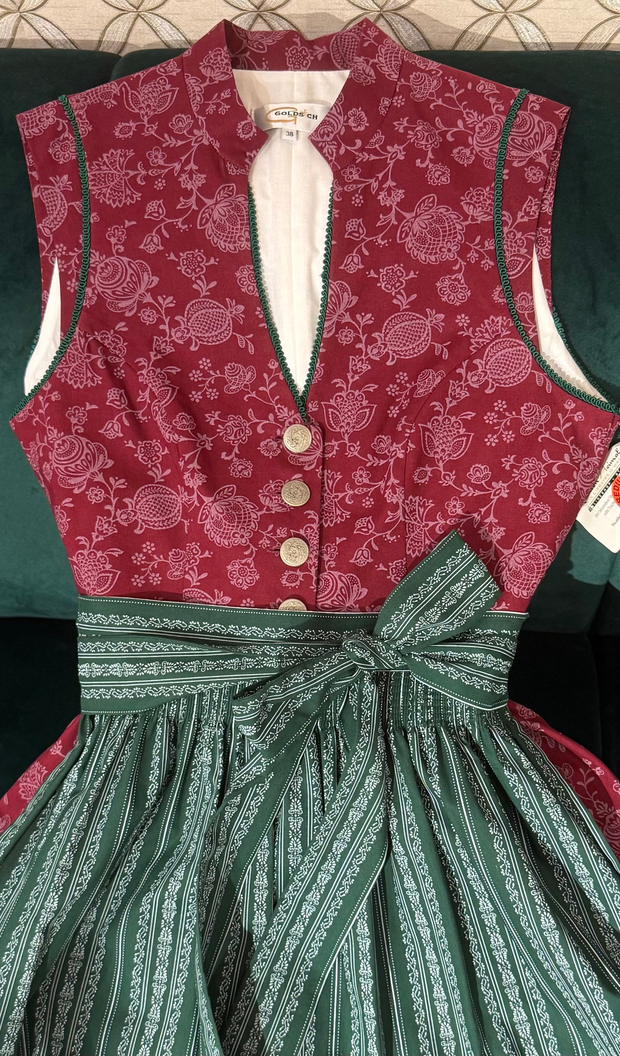 Baumwolldirndl Goldstich grün/bordeaux 65cm
