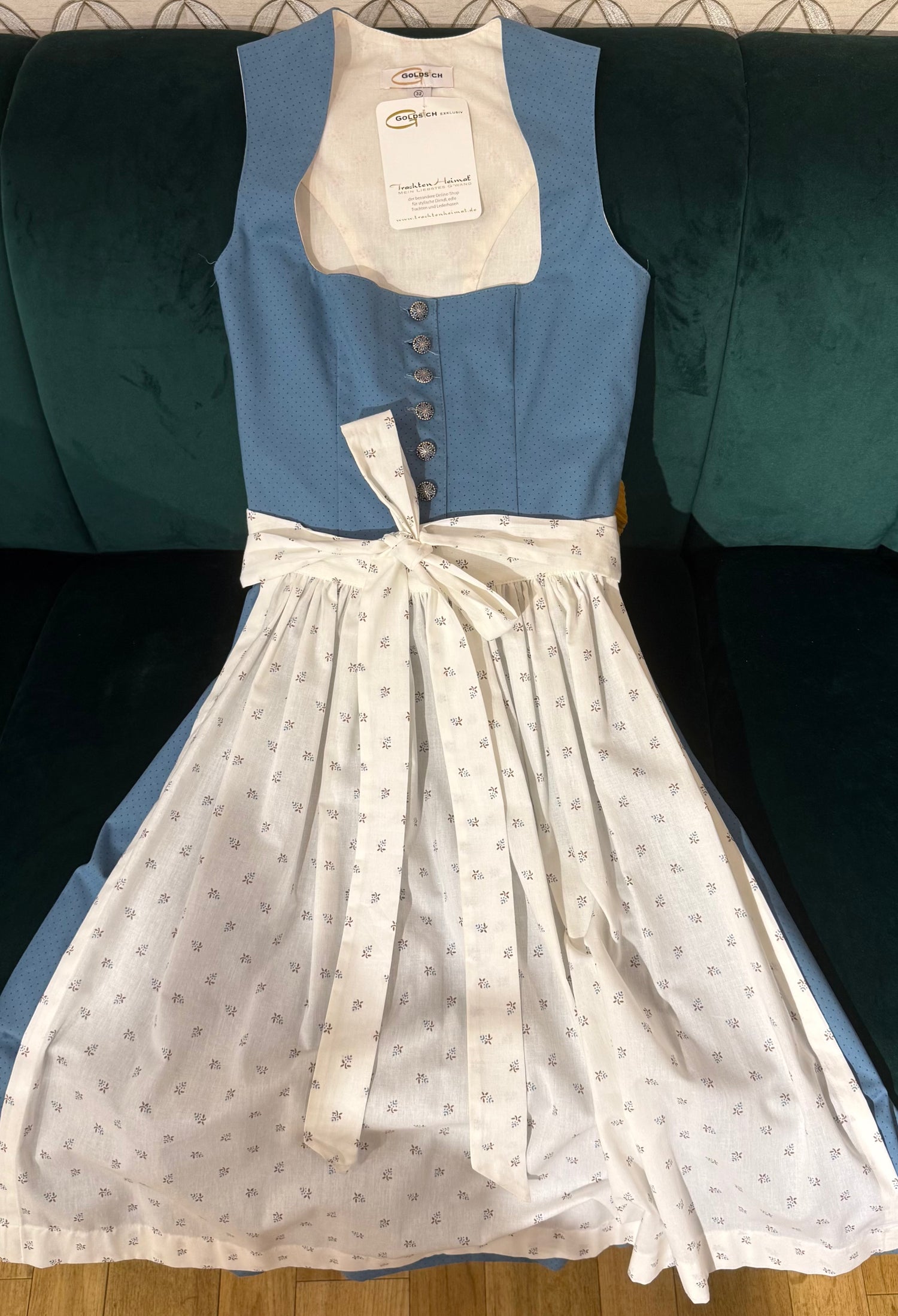 Baumwolldirndl Goldstich blau/weiß 65cm