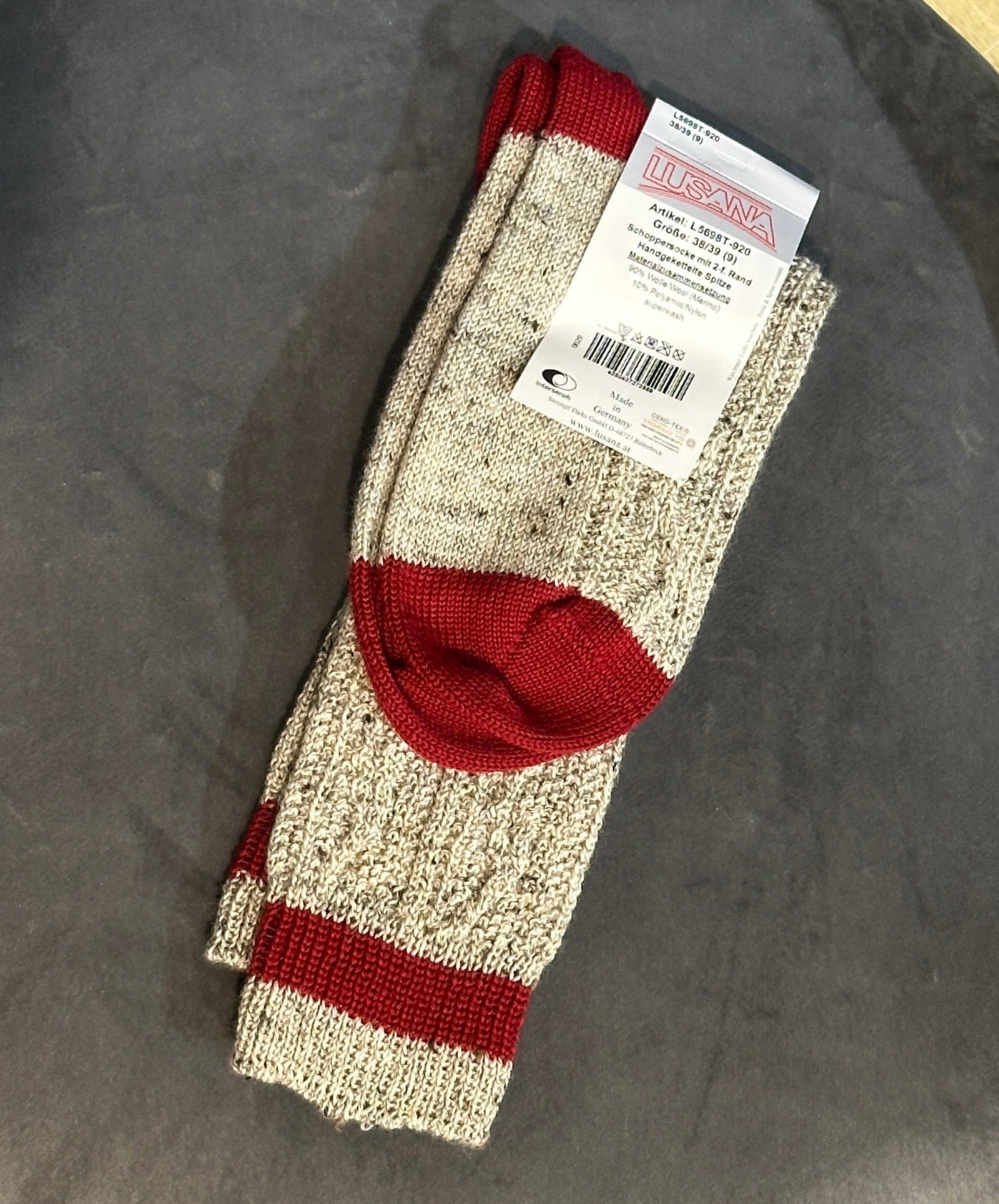 Herren Trachten Schopper Socken Lusana Loden Tweed 2-farbiger Rand braun meliert bordeaux