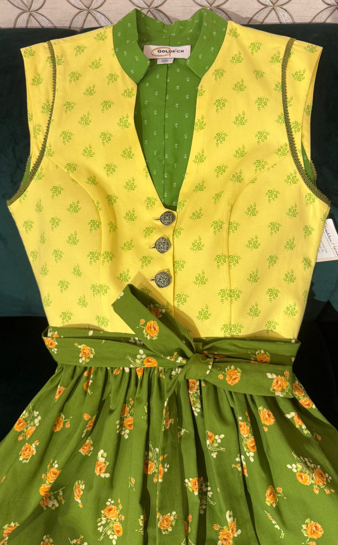 Vintage Baumwolldirndl Goldstich gelb/grün 65cm