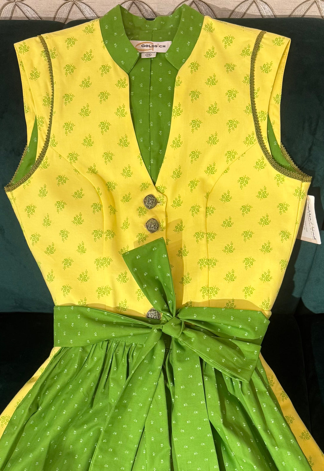 Vintage Baumwolldirndl Goldstich gelb/grün 65cm