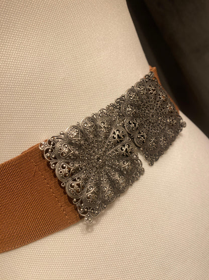 Trachtengürtel Stretch Goldstich hellbraun/silber