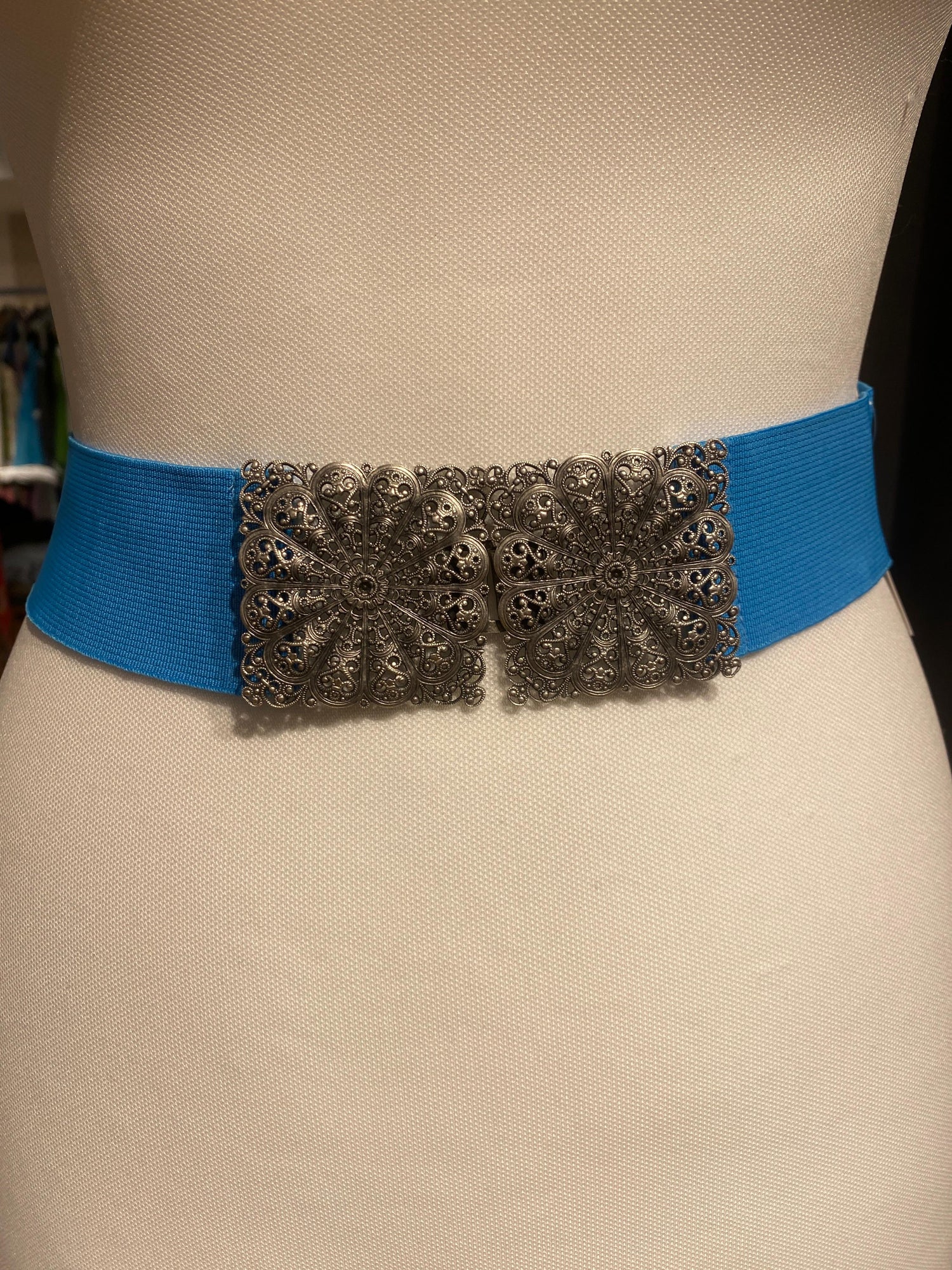 Trachtengürtel Stretch Goldstich hellblau/silber