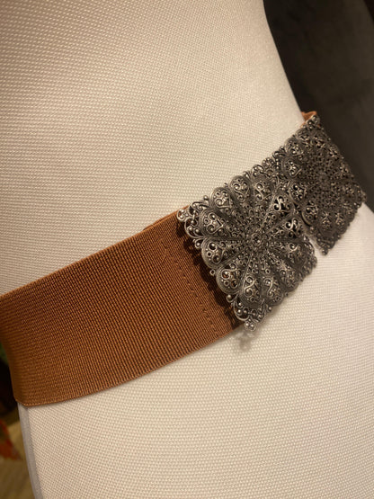 Trachtengürtel Stretch Goldstich hellbraun/silber