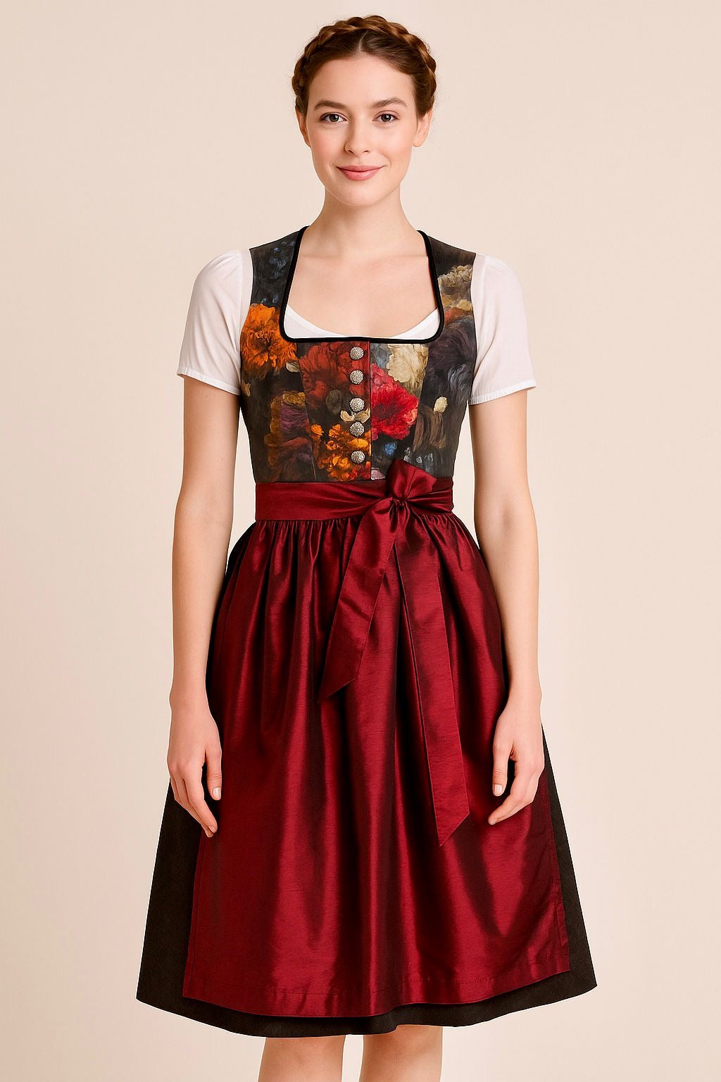 Dirndl Goldstich Samt Blumen schwarz/bordeaux 63cm